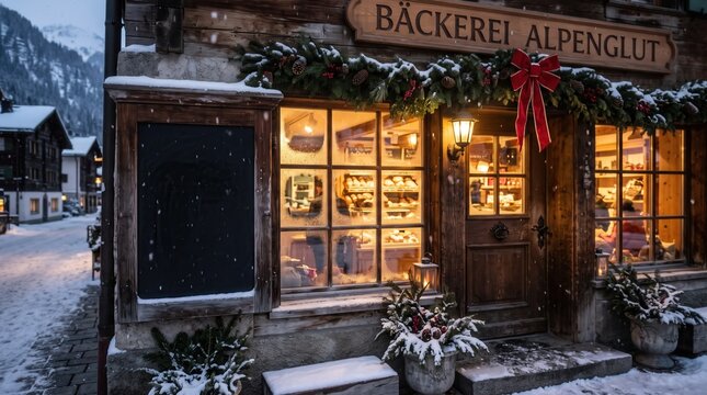 Dark wood framed blank chalk menu board mounted beside an alpine bakery entrance during a gentle winter snowfall evening