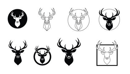 Obraz premium Eight diverse deer head logo icons enclosed within circles and squares using black and white styles.