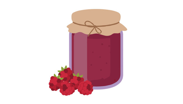 Glass jar filled with sweet raspberry jam with cloth lid and string next to fresh ripe berries.