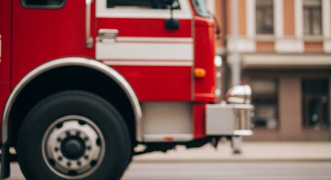 Close-up of a red fire truck side with wheel and equipment compartments