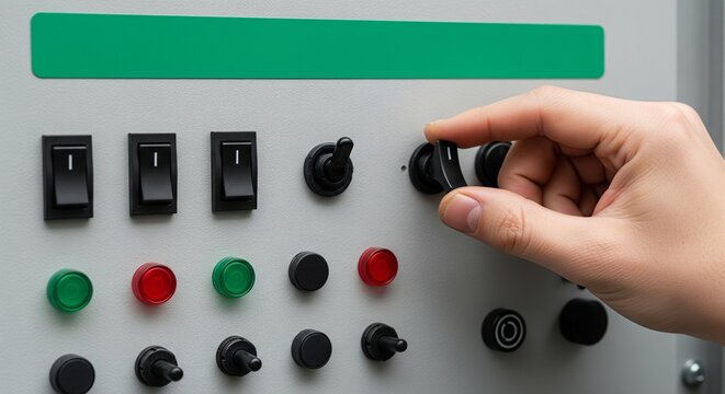 Close-up of a hand turning a switch on an industrial control panel