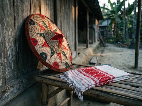 Traditional Assamese Hat and Textile: A handcrafted Japi hat, adorned with intricate patterns and a vibrant red trim, rests beside a folded Gamosa textile.