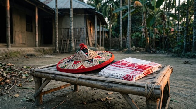Japi Hat and Gamusa Display: A traditional Assamese Japi hat and a Gamusa towel rest on a bamboo mat outside a rustic dwelling, showcasing cultural heritage.