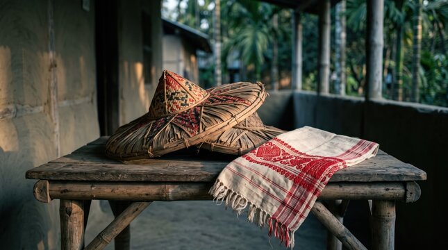 Traditional Bodo Hat and Gamucha: A pair of intricately woven Bodo hats rests on a rustic wooden table alongside a vibrantly patterned Bodo gamucha.