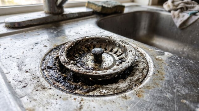 Close up of a dirty kitchen sink drain buildup with dark grime and limescale around the metal strainer needing deep cleaning