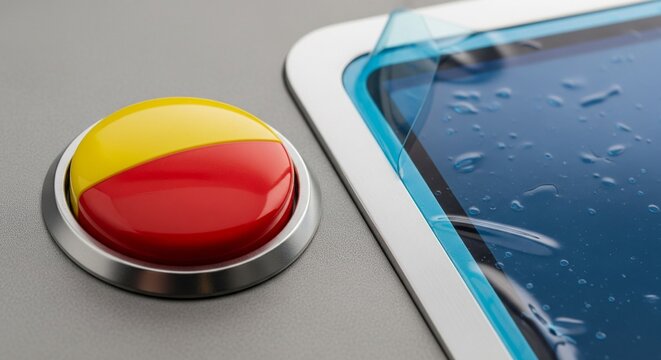 Glossy red and yellow button beside a screen peeling protective film