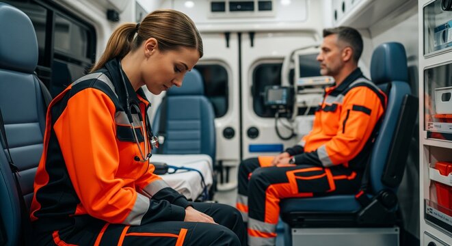Exhausted paramedics resting inside an ambulance after a long shift