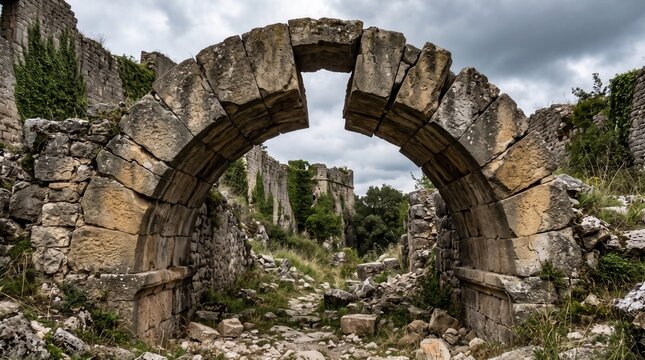 Heavy stone archway with a missing keystone block showing structural instability and severe architectural vulnerability