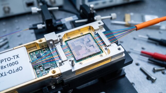 Advanced optical transceiver module on a precision laboratory bench with fiber optic ribbon cables and silicon photonic integrated circuit