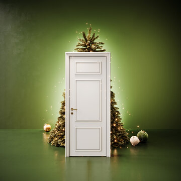 White entrance door with Christmas tree behind. Christmas is here.  3D Rendering, 3D Illustration
