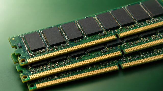 Stacked DDR SDRAM memory modules featuring intricate gold contacts and green circuit boards provide a detailed view of high performance computer hardware components