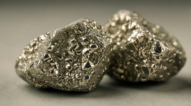 Macro shot of shiny pyrite stones with metallic texture. Golden fool gold crystals sparkle on rough mineral surface. Raw ore specimen shows detailed geological structure. Precious metal rocks sit on