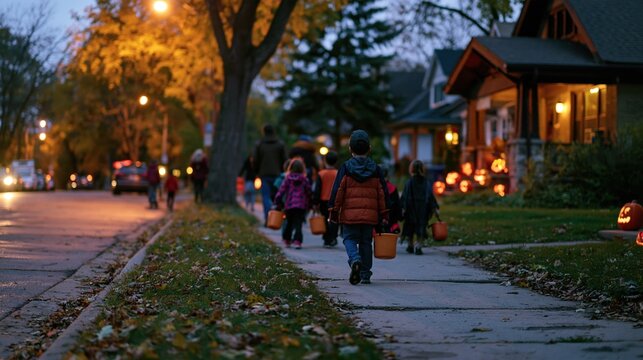 Families and children trick - or - treating on quiet residential street at dusk