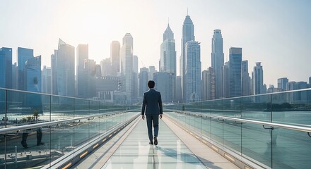 Plakat A businessman in a suit walking on a bridge toward the modern city buildings with tall skyscrapers