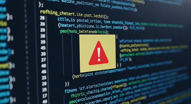 Close-up of code editor screen with red warning error icon overlay