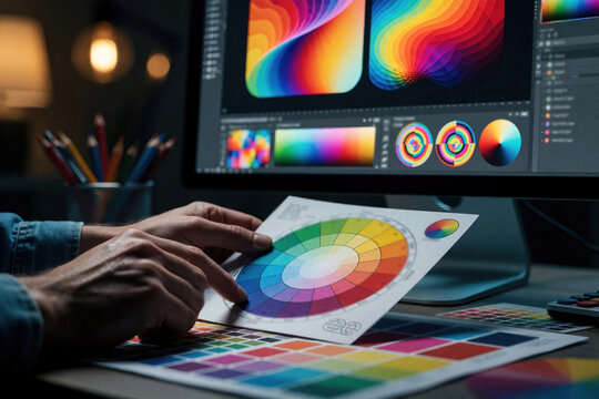 Graphic designer works with color palette at desk. Hands hold color wheel chart near computer screen with digital art tools. Creative person develops pro color schemes for web design branding project