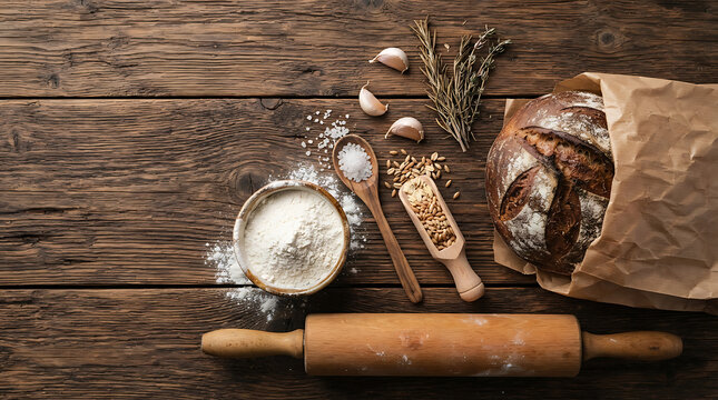 Rustic bread baking ingredients and tools on a wooden table, top view