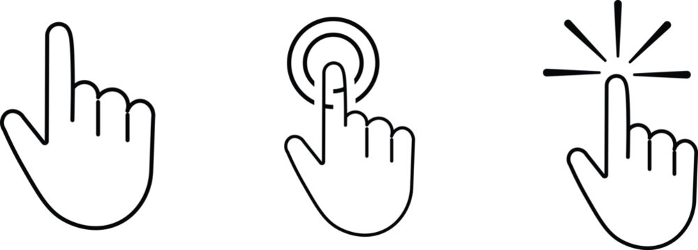 Mauszeiger Hand Hier Klicken Vector Icon Set. Click Gesture, Touchscreen Tap, Finger Pointing Interface, Web Navigation, and Button