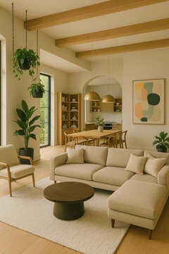 Cream sectional sofa beneath wooden beams and hanging plants