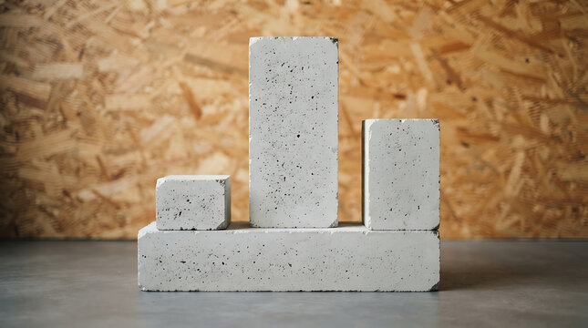 Modern Geometric Concrete Cement Blocks Set Against a Textural OSB Wood Wall Background