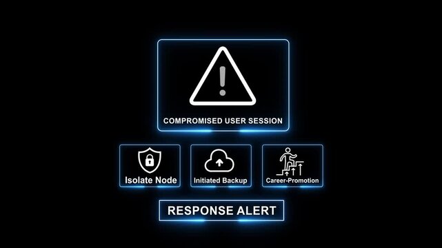 Cyber security warning interface displaying compromised user session alert with digital for isolate node, initiated backup, and career promotion options in a high-tech futuristic hud system