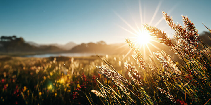Bright sunburst shines through golden grasses above open meadow