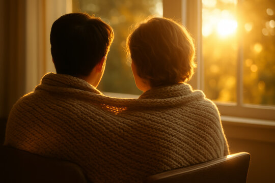 Two people sharing a knitted blanket beside a sunlit window