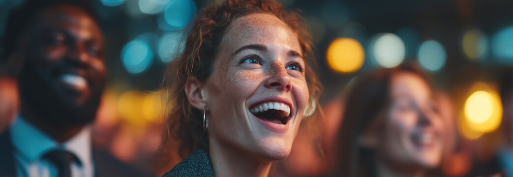 Laughing freckled woman watching an event among smiling attendees