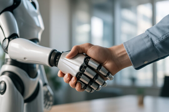 Human hand shaking a robotic hand in a bright office