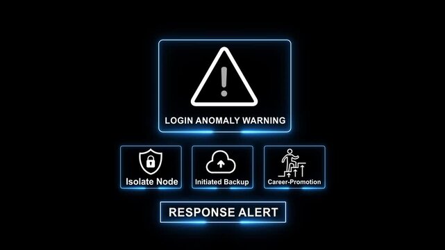 Cybersecurity login anomaly warning interface with digital security alerts, isolate node, initiated backup, and system response protocols for advanced network protection and data breach prevention