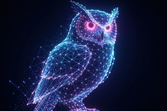 Futuristic digital owl made of glowing blue, purple network lines. Abstract wireframe bird shape represents artificial intelligence, smart tech innovation. Cyber owl concept shows data connections,