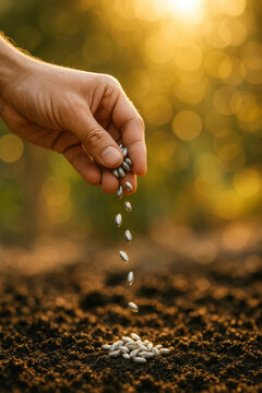 Hand scattering striped seeds onto dark soil in sunlight