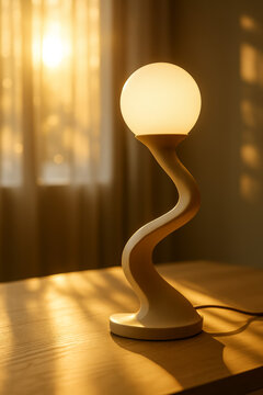 Sculptural globe table lamp with a curving beige stem