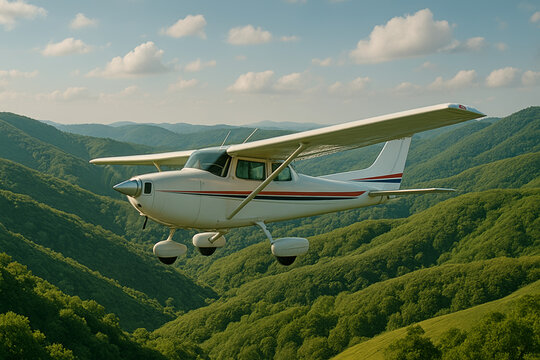 Small propeller airplane flying above rolling green mountain slopes