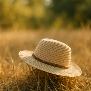 Woven straw hat rests on stump among golden meadow grass