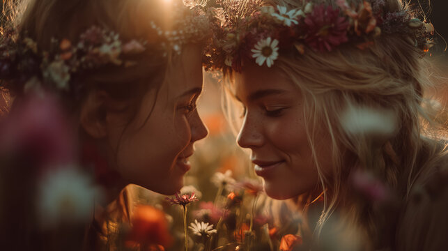 Two women in flower crowns lean together among wildflowers