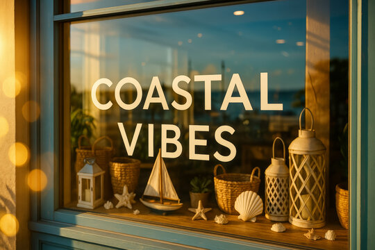 Coastal vibes shop window display with sailboat and seashell decor
