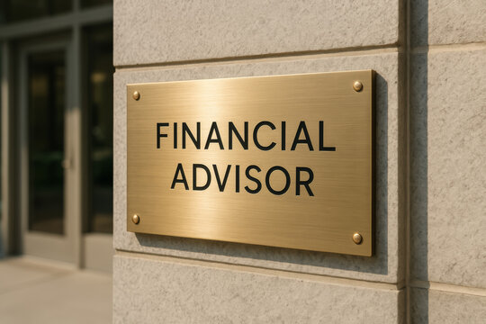 Financial advisor plaque mounted beside a glazed office entrance