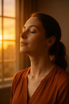 Woman closes eyes peacefully beside window in golden light