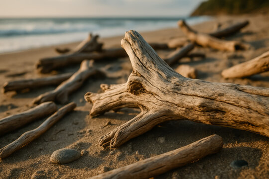 Weathered driftwood branches scattered across a sandy coastal beach