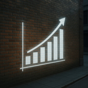 Rising bar chart and upward arrow glow on brick wall