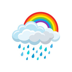 Fototapeta premium A cartoon illustration of a white cloud raining blue raindrops with a colorful rainbow arching above it on a white background.