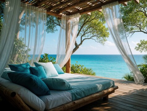 Cozy bed with turquoise pillows on wooden deck overlooking blue ocean. White curtains hang from tropical pergola near sea. Relaxing luxury resort outdoor bedroom offers peaceful summer vacation view