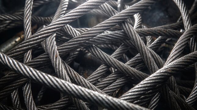 Steel cables crossing each other in a tangled arrangement  
