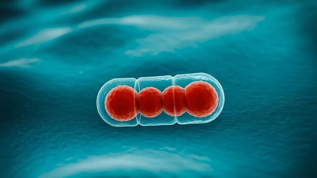 Macroscopic journey of a chain of red spherical bacteria inside a transparent capsule shell on a blue textured organic surface.