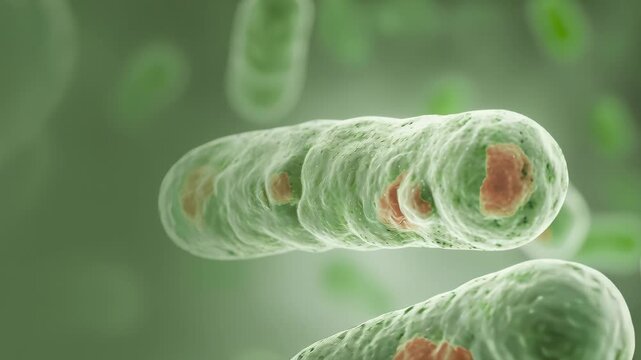 Green, rod-shaped bacteria with orange internal structures drift within the liquid medium, science under microscope.