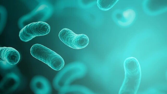 Rod-shaped bacteria or bacilli floating in a turquoise microscopic liquid environment, science and medicine under a microscope in turquoise tones.