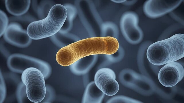 Glowing orange rod-shaped bacterium or bacillus stands out among blue microorganisms in a microscopic liquid environment, blue tone.