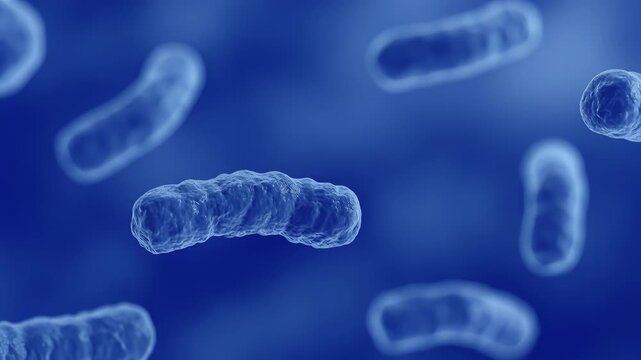 Blue rod-shaped bacteria floating in a microscopic liquid environment, representing microbiology and medicine.