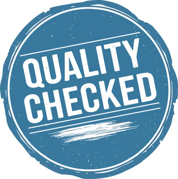 Quality checked grunge round blue vector stamp badge with distressed texture and typography on transparent background
